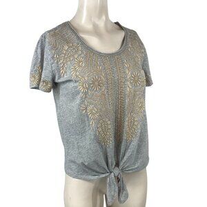 JOHNNY WAS- WOMEN'S XSMALL - GRAY SHORT SLEEVE ROUND NECK KNOT FRONT EMBROIDERED